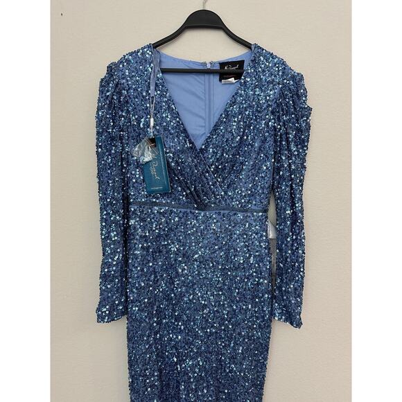 New Mac Duggal Blue Sequin Embellished V-Neck Evening Dress 5510 Size 8 - Picture 2 of 13